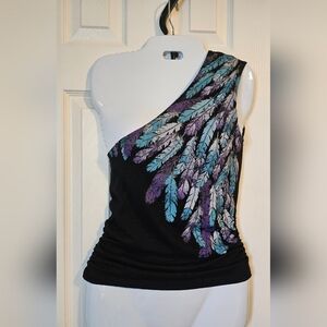 Ransom One-Shoulder Feather Print Top
